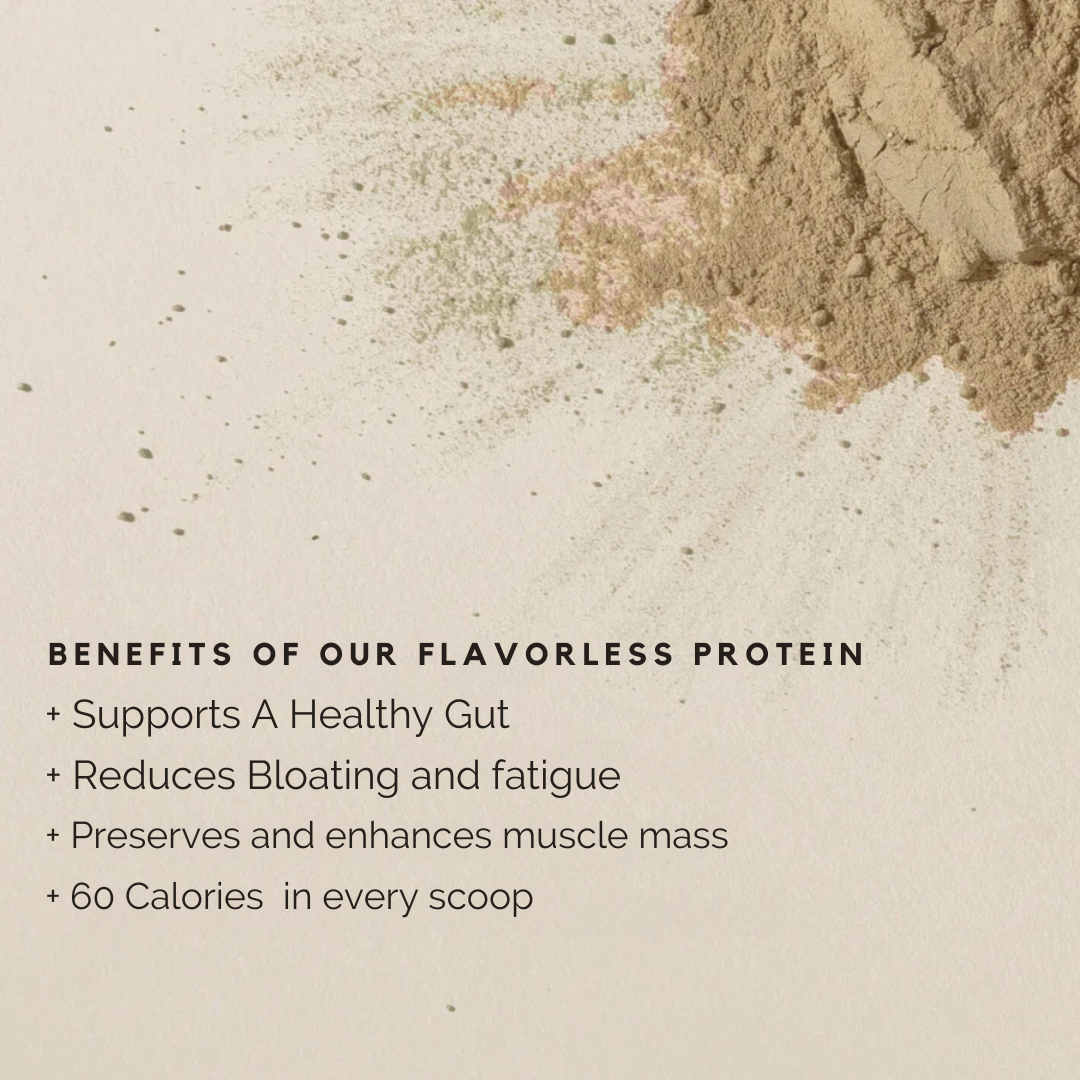 Benefits of Reset Health's Pure Protein- Supports A healthy Gut, Reduces bloating and fatigue, Preserves and enhances muscles mass, 60 calories in every scoop. 